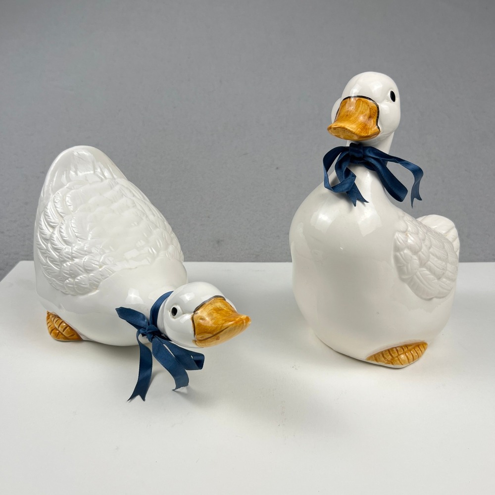 Ceramic Goose Figurines Set of 2 White Blue Ribbon Farmhouse Decor Cottagecore